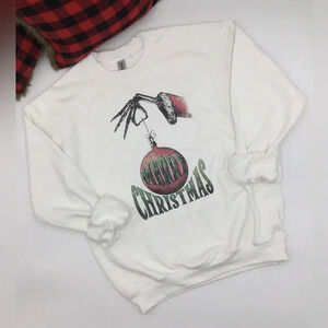 MERRY CHRISTMAS SWEATSHIRT White Skeleton Santa Hand Crewneck NEW! Various Sizes
